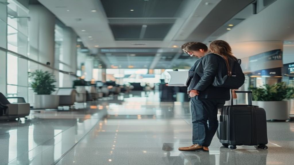 Professional businessman traveling for work abroad with laptop and suitcase